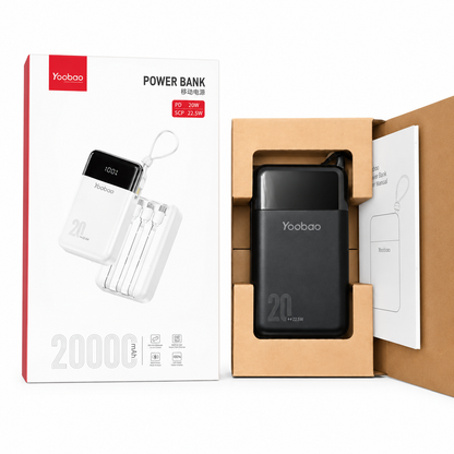 Yoobao 20000mAh 22.5W Fast Charging Power Bank with Built-in USB-C, Lightning & Micro USB Cables