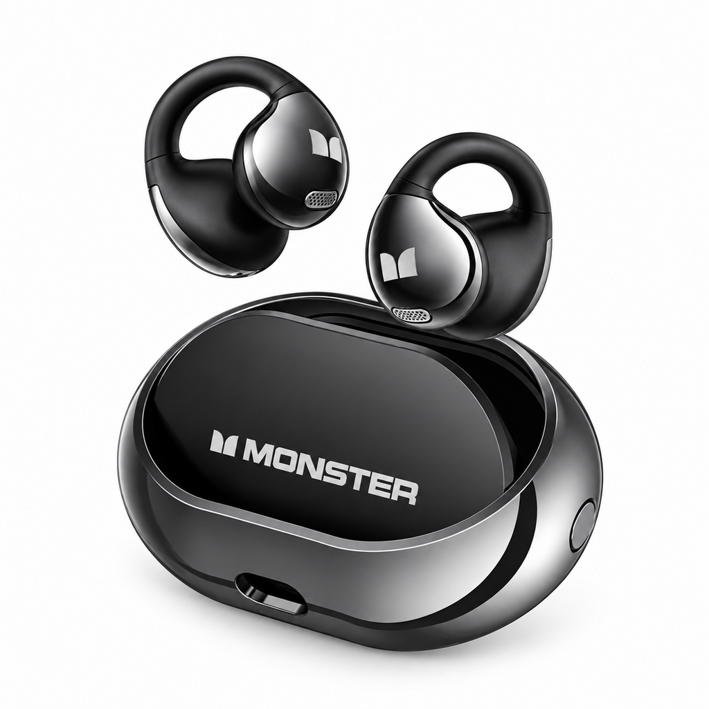 Monster AC600 black open-ear earbuds with swivel-open charging case