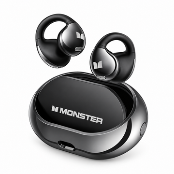 Monster AC600 black open-ear earbuds with swivel-open charging case