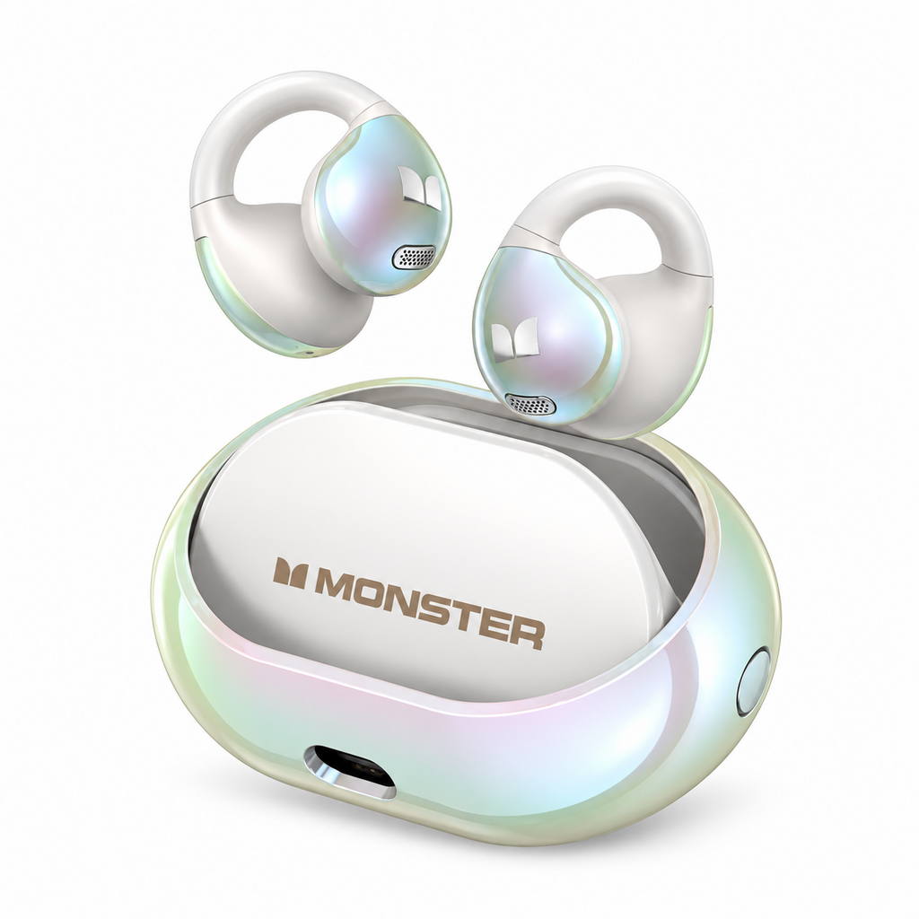 Monster AC600 black open-ear earbuds with swivel-open charging case